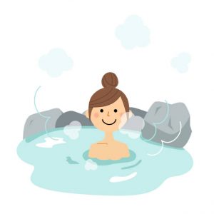 It is an illustration that a young woman is taking a bath.